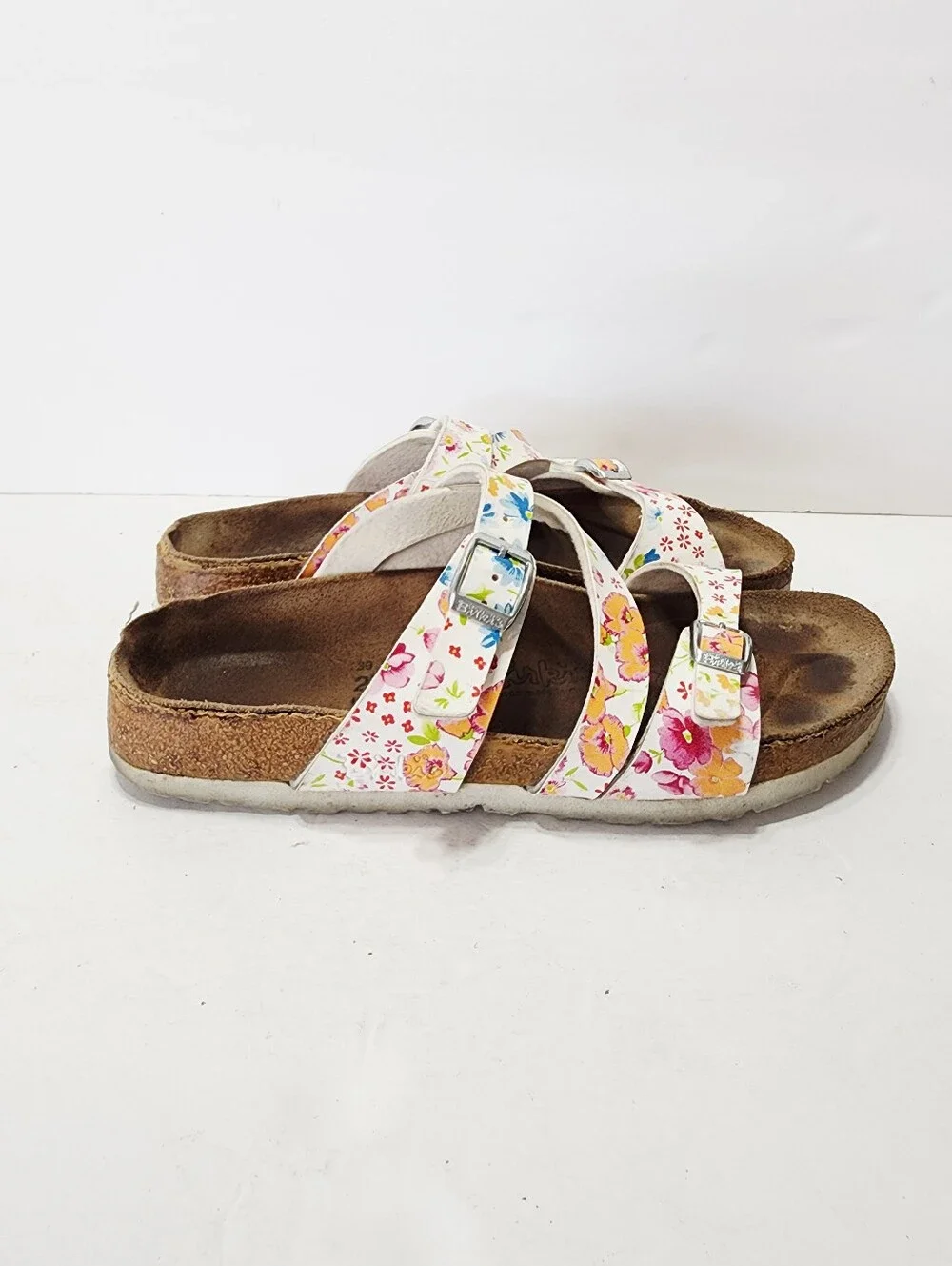 Birkenstock Floral Triple-Strap Cork Sandal - White Size 39